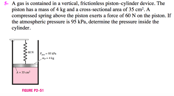 A gas is contained in a vertical frictionless piston-cylinder device